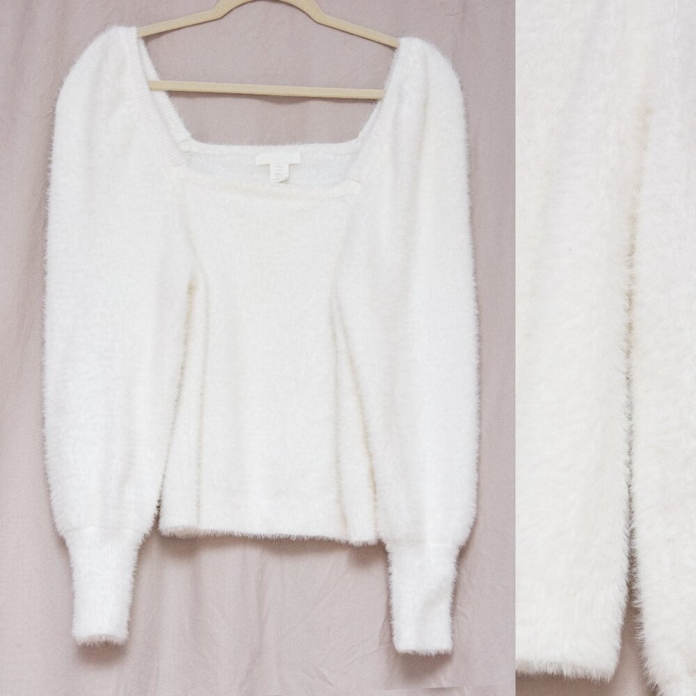 H&M White So Soft Fuzzy Square Neck Long Puffy Sleeves Pullover Sweater M